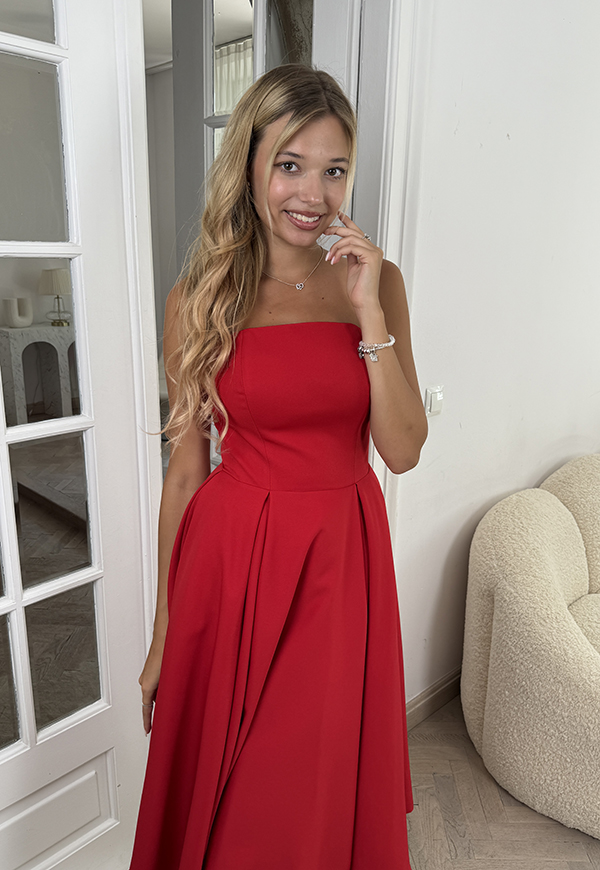 EMILY WIECZOROWA SUKIENKA GORSETOWA Z ROZKLOSZOWANYM DOŁEM. CZERWONA 07 - produkt polski zdjęcie 1