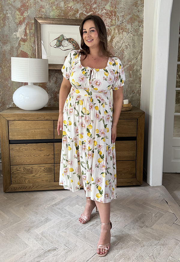 REBECA WISKOZA SUKIENKA PLUS SIZE HISZPANKA PLUS SIZE MIDI Z ROZCIĘCIEM W CYTRYNY. BIAŁO/ŻÓŁTA 01 - włoski zdjęcie 2