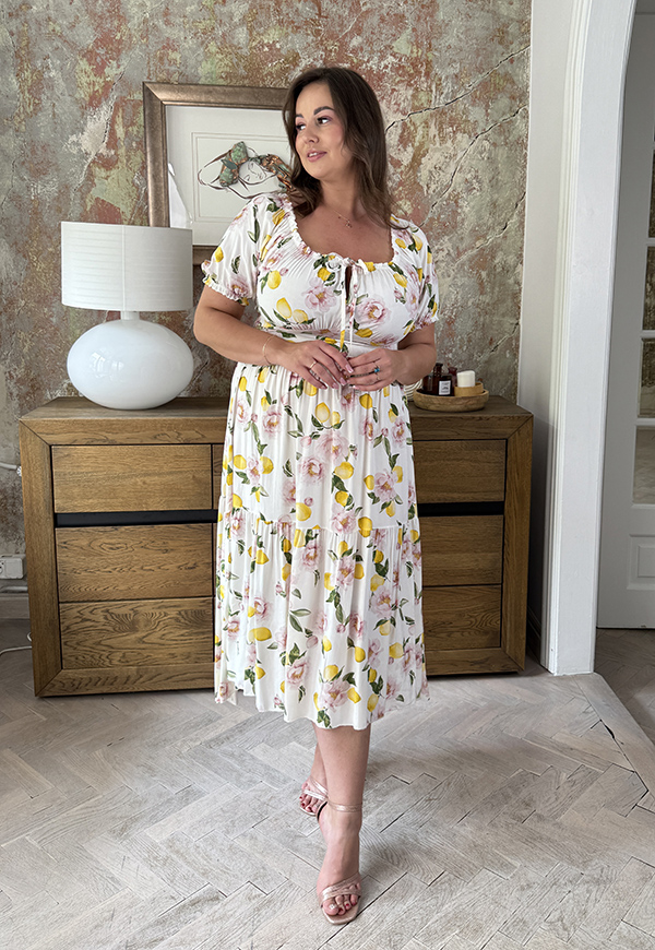 REBECA WISKOZA SUKIENKA PLUS SIZE HISZPANKA PLUS SIZE MIDI Z ROZCIĘCIEM W CYTRYNY. BIAŁO/ŻÓŁTA 01 - włoski zdjęcie 3
