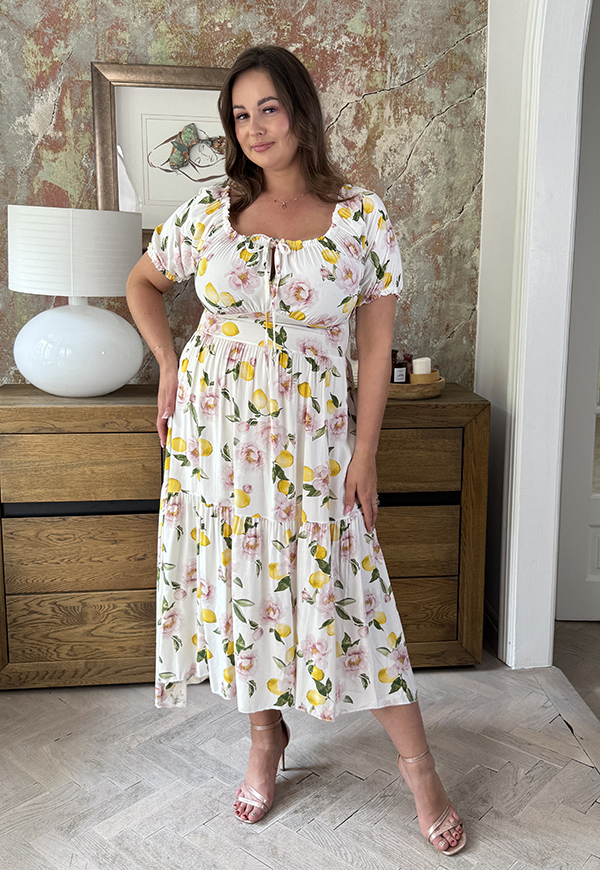 REBECA WISKOZA SUKIENKA PLUS SIZE HISZPANKA PLUS SIZE MIDI Z ROZCIĘCIEM W CYTRYNY. BIAŁO/ŻÓŁTA 01 - włoski zdjęcie 1