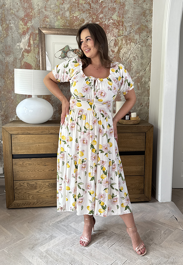REBECA WISKOZA SUKIENKA PLUS SIZE HISZPANKA PLUS SIZE MIDI Z ROZCIĘCIEM W CYTRYNY. BIAŁO/ŻÓŁTA 01 - włoski zdjęcie 4