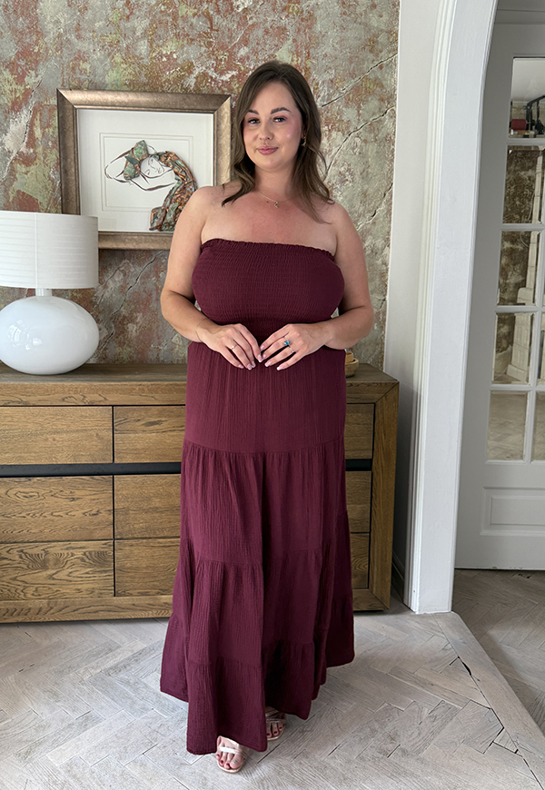 JOLINE SUKIENKA PLUS SIZE TUBA DŁUGA Z BAWEŁNY Z ROKLOSZOWANYM DOŁEM. BORDOWA 03 - włoski zdjęcie 3