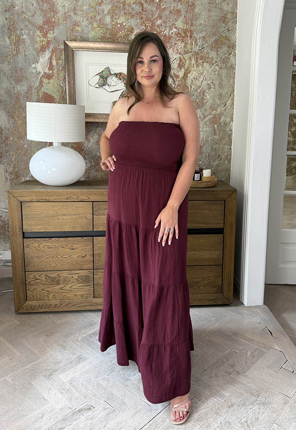 JOLINE SUKIENKA PLUS SIZE TUBA DŁUGA Z BAWEŁNY Z ROKLOSZOWANYM DOŁEM. BORDOWA 03 - włoski zdjęcie 4
