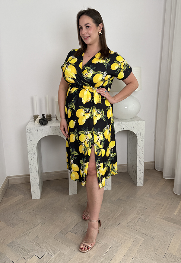 MEGAN SUKIENKA MIDI Z TROCZKIEM PLUS SIZE Z KRÓTKIM RĘKAWEM W CYTRYNKI. CZARNA 01 - włoski zdjęcie 4