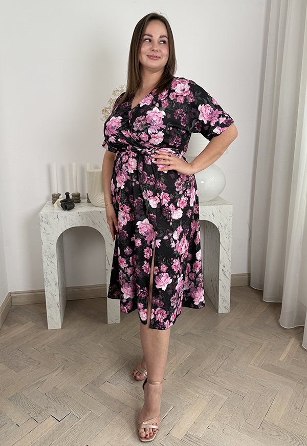 CARMEN II SUKIENKA MIDI PLUS SIZE Z KRÓTKIM RĘKAWEM W KWIATY. CZARNA W RÓŻE 36 - włoski zdjęcie 2