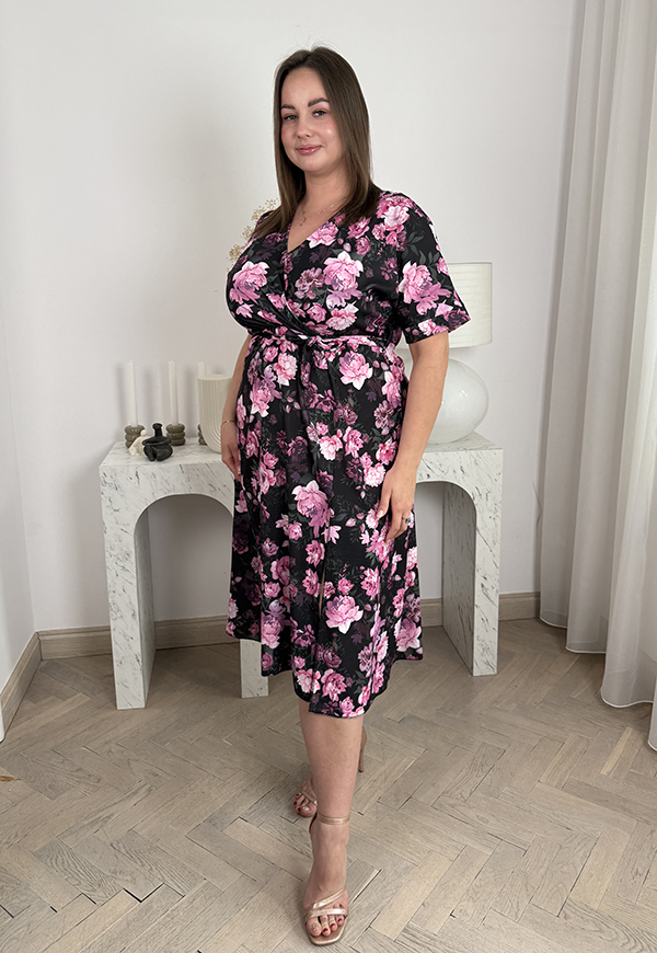CARMEN II SUKIENKA MIDI PLUS SIZE Z KRÓTKIM RĘKAWEM W KWIATY. CZARNA W RÓŻE 36 - włoski zdjęcie 3