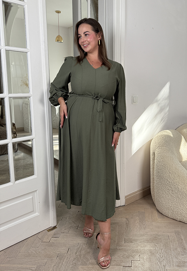 OLGA DŁUGI RĘKAW  SUKIENKA PLUS SIZE ROZKLOSZOWANA Z PASKIEM. OLIWKOWA 03 - włoski zdjęcie 2