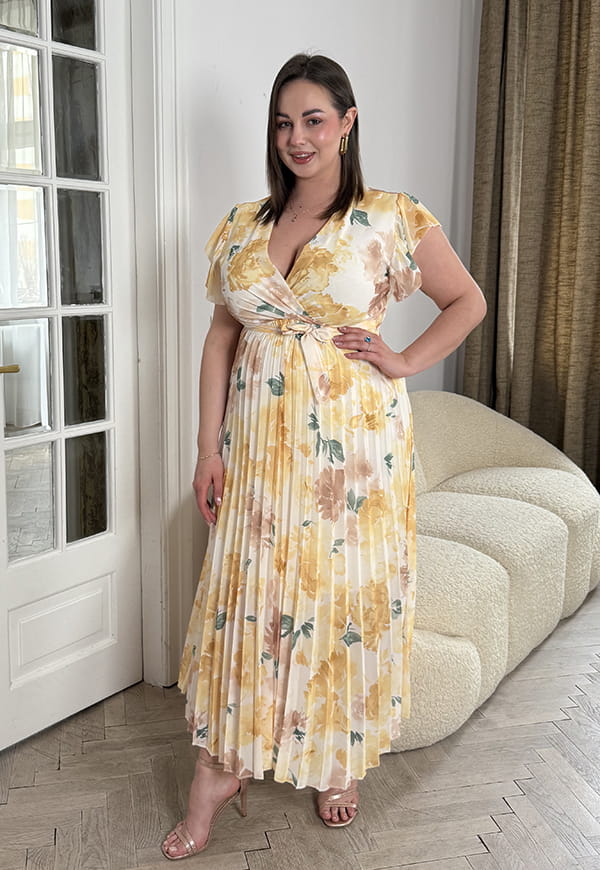 BELLA SUKIENKA MAXI PLUS SIZE  PLISOWANA W DUŻE KWIATY. BIAŁO/ŻÓŁTA 13