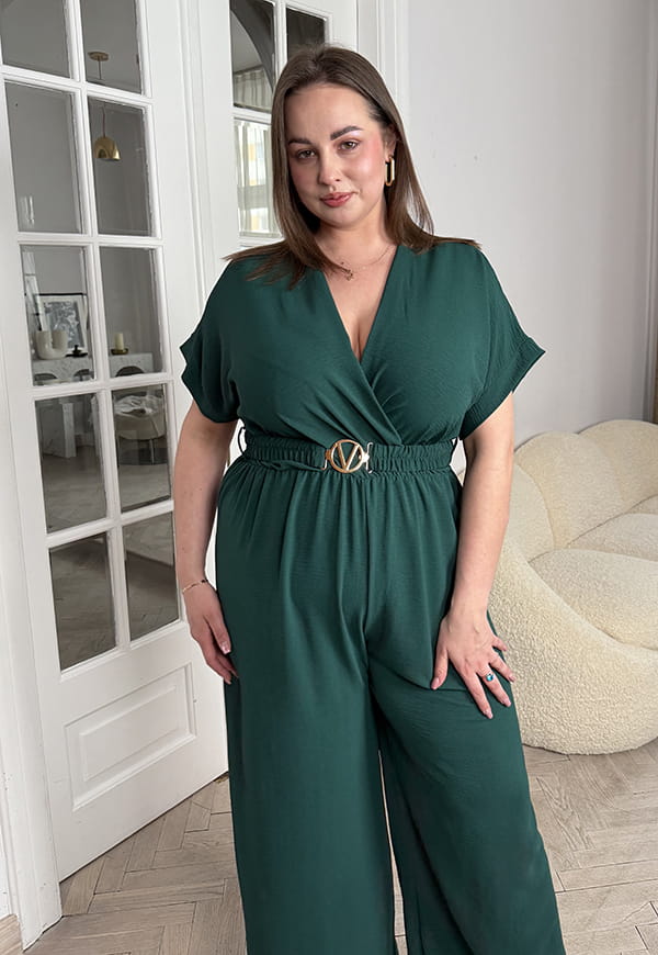 VALENCIA KOMBINEZON POWIĘKSZONY PLUS SIZE Z PASKIEM I DŁUGIMI NOGAWKAMI. BUTELKOWA ZIELEŃ 03