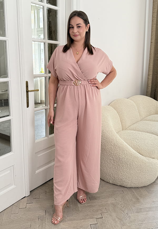 VALENCIA KOMBINEZON POWIĘKSZONY PLUS SIZE Z PASKIEM I DŁUGIMI NOGAWKAMI. PUDROWY RÓŻ 05